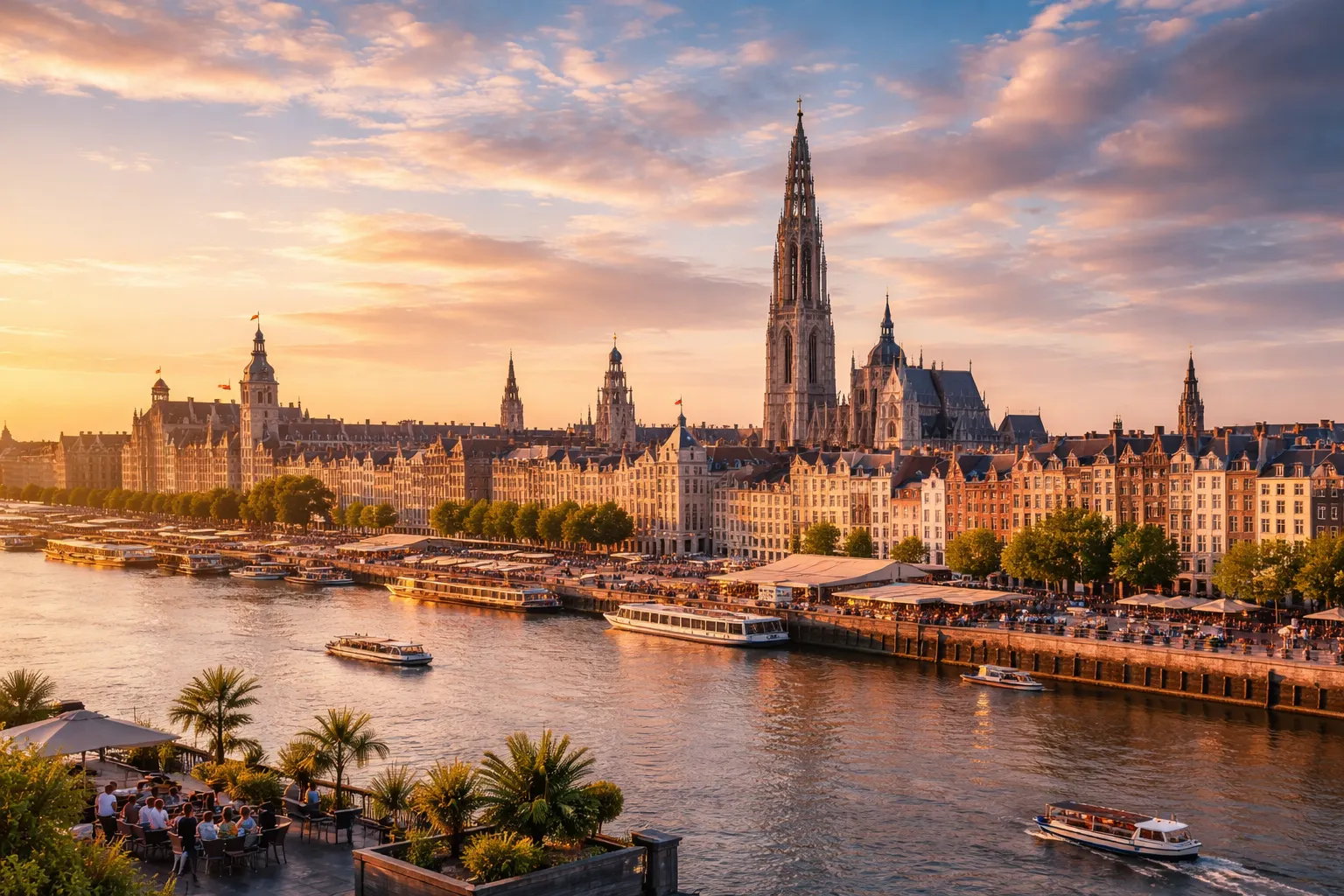 Skyline van Antwerpen bij zonsondergang